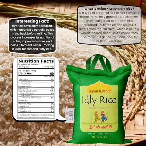 Asian Kitchen Idly (Idli) Rice 4-Pound Bag, 4lbs (1.81kg) Short Grain Rice ~ All Natural | Vegan | Indian Origin | Export Quality