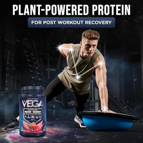 Vega Sport Vegan Protein Powder + Recovery - 30g Plant Based Protein per Serving, Berry, 19 Servings, 5g BCAAs, Probiotics, NSF Certified, for Shakes & Smoothies, 1.8lbs (Packaging May Vary)