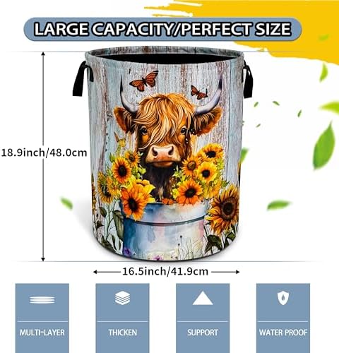 Highland Cow Sunflower Laundry Basket Animal Foldable Oxford Cloth Funny Tote Bag Laundry Hamper Clothes Storage Bucket Toy Organizer For Bathroom/Laundry Storage/Bedroom 18.9x16.5 Inch
