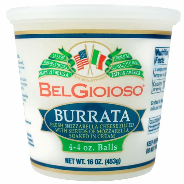 Mozzarella Burrata, 16 oz, Fresh Mozzarella Cheese Filled With Shreds Of Mozzarella Soaked In Cream; 4-count; 4 oz balls.