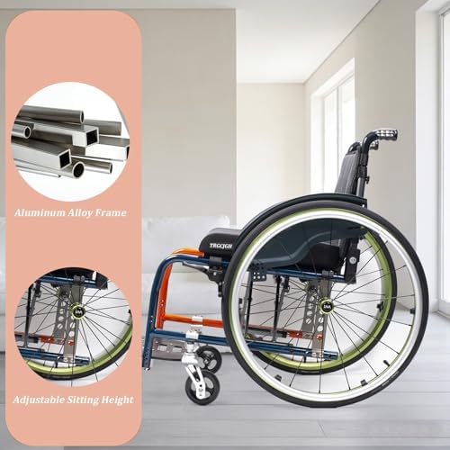 Portable Folding Wheelchair Ultra Lightweight Self-propelled Manual Aluminum Alloy Chair for Adults with Hand Brake(42cm/16.5inSeat)