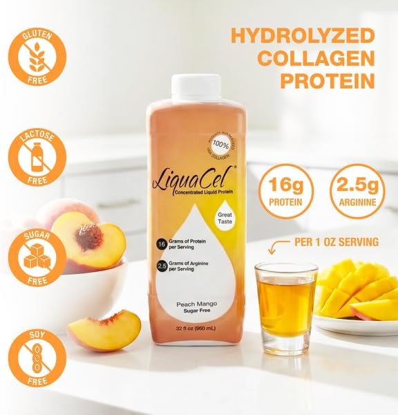 LiquaCel Concentrated Liquid Protein, Peach Mango Flavor, Ready-to-Drink, 16g Hydrolyzed Collagen Protein and 2.5g Arginine Per 1oz Serving, Sugar & Gluten Free, 32 fl oz Bottle