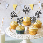 25Pcs Glitter Black Spider Webs Cupcake Toppers Halloween Spiders Cupcake Picks for Spider Web Baby Shower Boys Girls Sipderman Theme Birthday Cupcake Decorations Halloween Party Decorations
