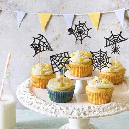 25Pcs Glitter Black Spider Webs Cupcake Toppers Halloween Spiders Cupcake Picks for Spider Web Baby Shower Boys Girls Sipderman Theme Birthday Cupcake Decorations Halloween Party Decorations