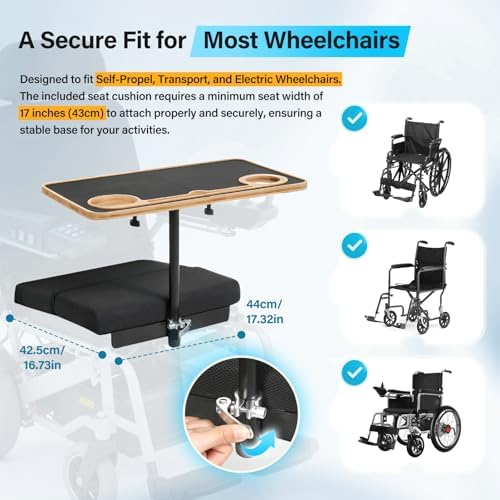 TYYIHUA 2-in-1 Wheelchair Tray Table & Seat Cushion Combo | Fits 17"+ Seat Width | Adjustable Bamboo Lap Desk with Quick-Release | for Electric & Transport Wheelchairs, Adults & Seniors