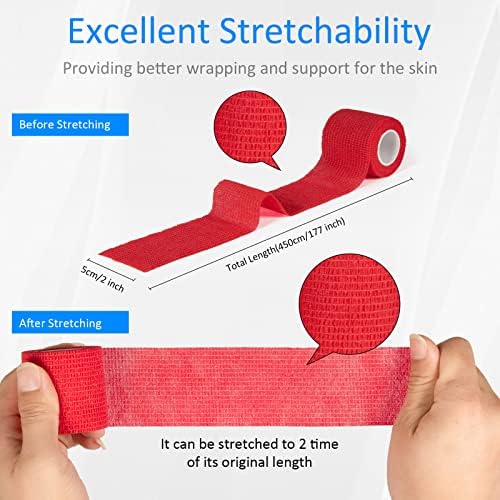 6Pcs 2”x 5 Yard Self Adhesive Bandage Wrap Breathable Self Adherent Cohesive Wrap Bandages Vet Tape for Dog Cat Athletic Elastic Cohesive Bandage Wrist Ankle Grip Cover Tape (Red)