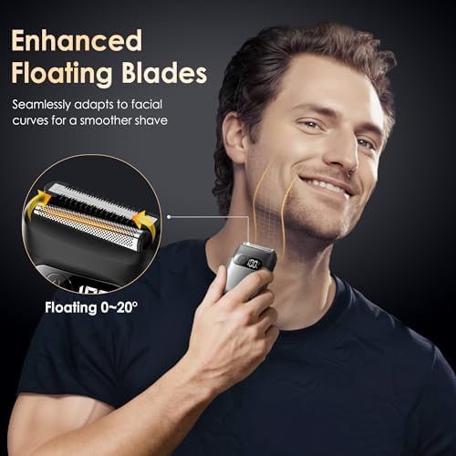 Electric Razor for Men, Foil Shaver and Beard Trimmer for Dry and Wet,Battery LED Display USB-C Fast Charge, IPX7 Waterproof Portable Travel Shaver (Charcoal Black)