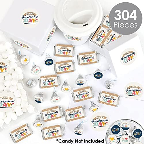 Big Dot of Happiness Happy Grandparents Day - Mini Candy Bar Wrappers, Round Candy Stickers and Circle Stickers - Grandma and Grandpa Party Candy Favor Sticker Kit - 304 Pieces