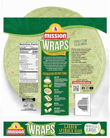 Mission Garden Spinach Herb Wraps, Soft Veggie Wraps, 6 Count, Trans Fat Free