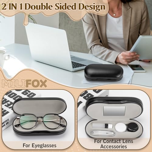 2 in 1 Contact Lens and Glasses Case Double Sided Portable Eyeglasses Case with Built-in Mirror Tweezer Remover and Contact Lens Solution Bottle Storage Kit for Travel Outdoors Daily Use
