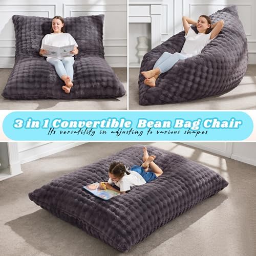 Hobestluk 3 in 1 Bean Bag Chair Giant Bean Bag Chairs for Adults with Bubble Cover Convertible Bean Bag Floor Cushion with Machine Washable Cover for Living Room (Bubble Dark Grey)