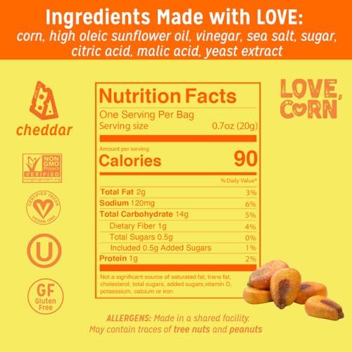 LOVE CORN Cheddar | Delicious Crunchy Corn Snacks | .07oz x 20 Gluten Free, Vegan Bags | Convenient for Lunch Boxes, Commuting & Office Snacks