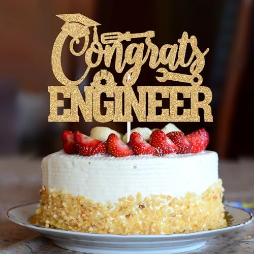 Gold Glitter Congrats Engineer Cake Topper, Congrats Engineer Grad/Future Engineer Cake Decor, Class of 2026 Mechanical Engineering School Graduation Party Decorations