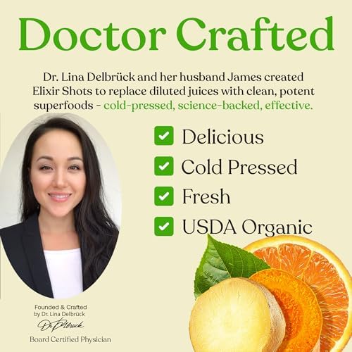 Elixir Shots, Ginger Lemon Wellness Shot with 100% Cold-Pressed Organic Ingredients, No Added Sugars or Artificial Ingredients, Defense Supershot, 12-Pack