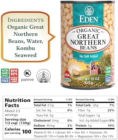 Eden Organic Great Northern Beans, 15 oz Can (12-Pack Case), No Salt Added, Non-GMO, Gluten Free, U.S. Grown, Heat and Serve, Macrobiotic, Similar to Cannellini, Smoother