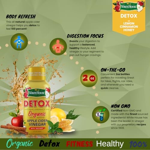 White House Detox Apple Cider Vinegar Shots, Raw Unfiltered, On The Go (Detox, Pack of 6)