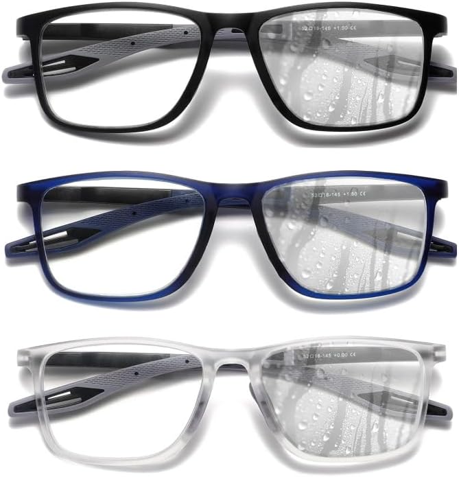 Hubeye TR90 Sports Glasses for Men and Women Ultralight Flexible Anti-Blue Light Computer glasses（Black+Matte Blue+Matte Transparent,+2.5