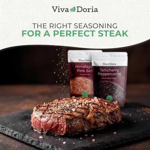 Viva Doria Tellicherry Whole Black Peppercorns, 12 oz & Himalayan Pink Salt, Coarse Grain, 2 lb | Salt and Pepper Combo, For Grinder Refills, 2 Piece Set