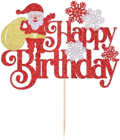 Merry Christmas Happy Birthday Cake Topper - Winter Christmas Glitter Santa Cake Topper - Joyeux Noel Happy New Year - christmas Holidays Party Decoration