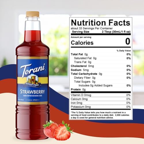 Torani Sugar Free Strawberry Syrup 1 Liter Bottle with Pump – Zero Calorie Keto-Friendly Drink Flavoring for Coffee, Cocktails, Mocktails, Sodas & Desserts – No Sugar, Low Carb Beverage Enhancer