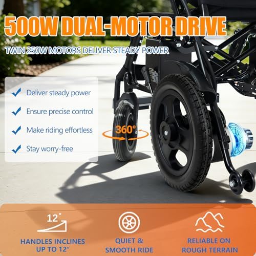Electric Wheelchair for Adults – Lightweight, Foldable, & All-Terrain | 500W Motorized Power Wheelchair, 15+ Travel Range, 300 lbs Capacity, Comfortable & Safe for Seniors (Black)