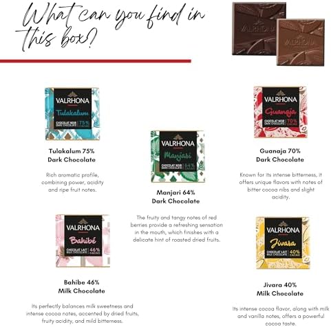 Valrhona Gourmet Assorted Chocolate Gift Box, 50 Dark & Milk French Chocolate squares - Tulakalum 75%, Guanaja 70%, Manjari 64%, Bahibé 46% and Jivara 40%. Perfect Birthday Chocolate Gift Set For Her