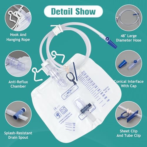 2 Pack Urinary Drainage Bag with Anti-Reflux Chamber, 2000ml Large Capacity, 48" Drainage Tube, Professional Urine Bags with Clips and Hanging Hook, Catheter Bags for Men