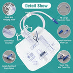 2 Pack Urinary Drainage Bag with Anti-Reflux Chamber, 2000ml Large Capacity, 48" Drainage Tube, Professional Urine Bags with Clips and Hanging Hook, Catheter Bags for Men