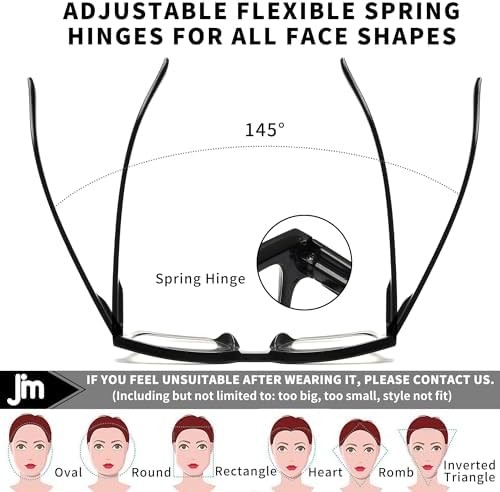 JM 3 Pack Square Oprah Style Reading Glasses for Women Men, Oversized Rectangle Spring Hinge Readers Blue Light Blocking