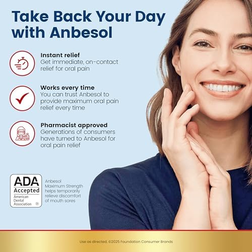 Anbesol Maximum Strength Gel - Instant Oral Pain Relief, for Toothaches, Gums, Braces, & Denture Pain, and Mouth Sores*, Canker Sore Treatment Inside Mouth, ADA Accepted, 0.33 oz
