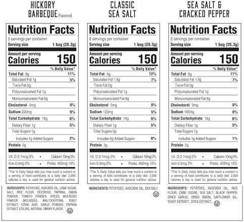 Boulder Canyon Avocado Oil Kettle Style Potato Chips Variety Pack, 18 Count - Gluten-Free, Non-GMO, Hickory Barbecue, Classic Sea Salt, Sea Salt & Cracked Pepper (1 oz Bags)