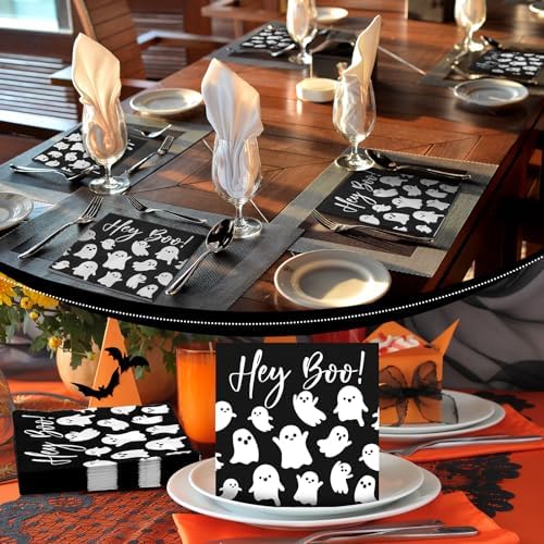 Frienda 60 Pcs Halloween Paper Napkins Hey Boo Disposable Luncheon Napkins Spooky White Ghost Guest Towels Decorative Dessert Paper Hand Towels for Halloween Home Table Party Supplies, 6.5 x 6.5 Inch