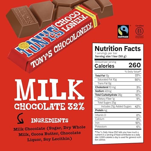 Tony’s Chocolonely Belgian Milk Chocolate Candy Bar, Pure Chocolate Bars for Snacks, Party Favors, Gifts, or Gift Basket, 32% Cacao, Made From Quality Fairtrade Cocoa, 20 Bars, 1.76 Oz Each