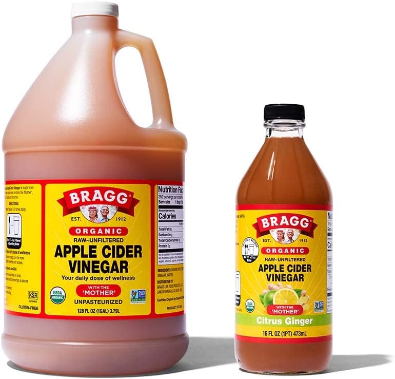 Bragg Organic Apple Cider Vinegar With the Mother 128 ounce and Bragg Organic Citrus Ginger Enhanced Vinegar Drink 16 ounce Bundle