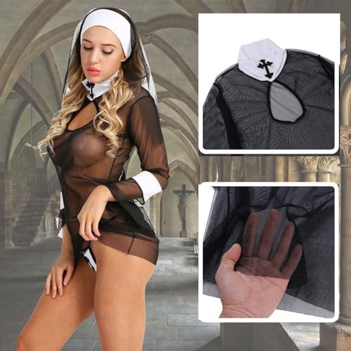 ROSVAJFY Women's Sexy Nun Cosplay Lingerie Anime Roleplay Costume High Slit Fancy Dress Outfit Halloween Nightwear with Veil