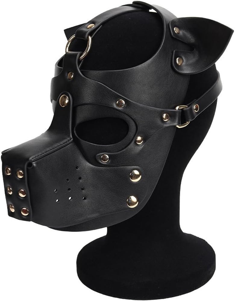 Adults PU Leather Puppy Hood Mask, Removable Cosplay Dog Full Face Pup Hood Mask,Head Circumference 21-25"