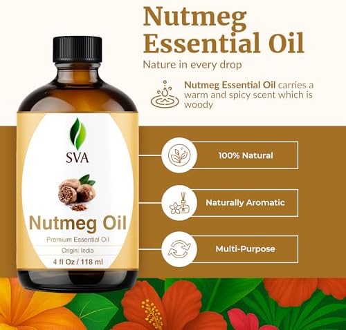 SVA Nutmeg Essential Oil – 4 Fl Oz – 100% Natural Nutmeg Oil - for Diffuser, Hair Care, Face, Skin Care, Aromatherapy, Scalp and Body Massage, Soap and Candle Making – with Dropper