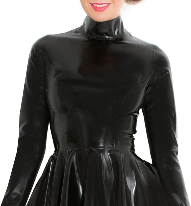 Black Latex Dress for Women,High Collar Rubber Skirts with Back Zipper for Novelty Latex Club Wear