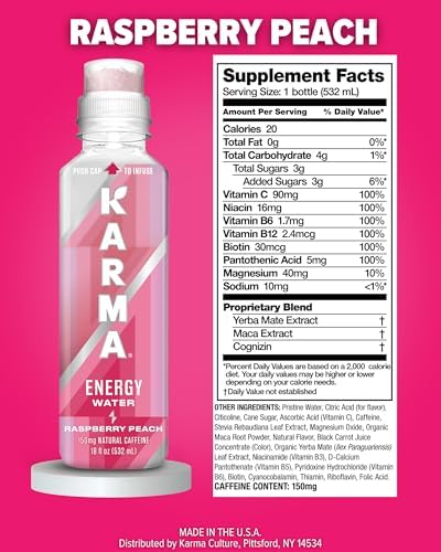 Karma Energy Drink 12 Pack, Raspberry Peach Caffeinated Water with CognizinÂ Nootropics, Vitamins & Immune Support, Low Calorie