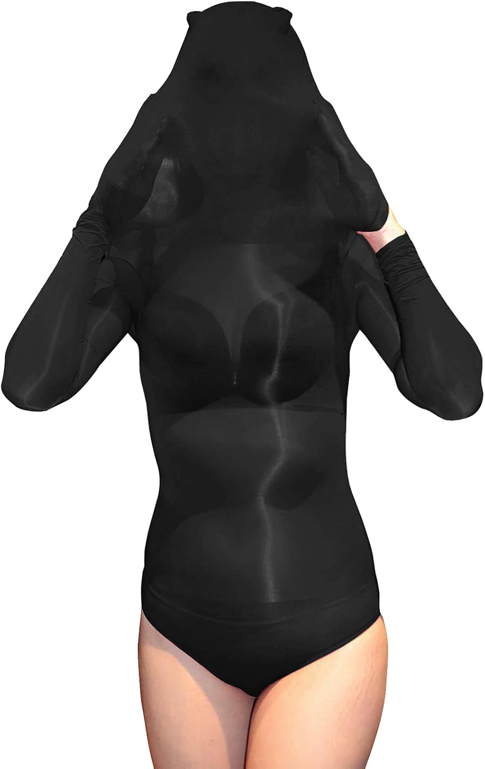 LESOYA Women Men 8D Shiny Bodystocking Long Sleeve Silky Glossy High Cut Bodysuit Catsuit with Hood