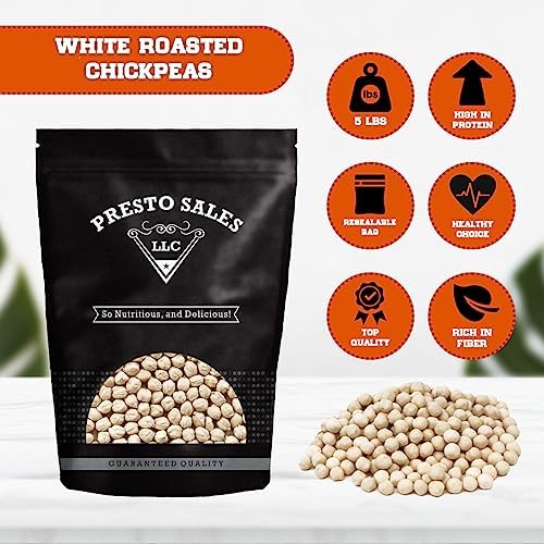 Chickpeas, White roasted salted, Oil free, Tasty Snack, Plant-Based Protein, Versatile, Energy, Garbanzo beans, All Ages, Packed in a Resealable Pouch Bag of 5 lbs. (80 oz.) by Presto Sales LLC