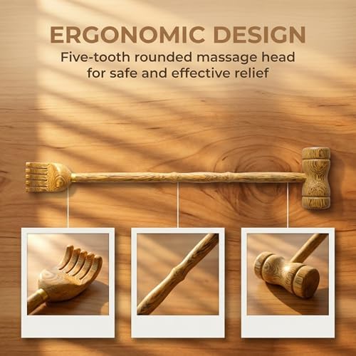 Wood Back Scratcher with Massage Hammer: 100% Natural Wood Traditional Finger-Like Back Scratchers for Adults Men Women,19Inch Thicken Extended with Body Massager,Strong & Sturdy Gifts