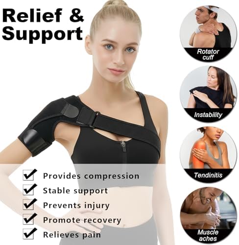 Charunee Shoulder Brace for Men & Women, Adjustable Shoulder Compression Sleeve Fits Left & Right Arms, Breathable Rotator Cuff Relief Brace for Pain Relief Compatible with Hot/Cold Pack (1, Black)