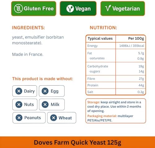 Doves Farm Quick Yeast 4.41 oz (125g) - Fast Acting Gluten Free Yeast for Baking Bread, Pizza Dough, Rolls | For Hand Baking and Bread Machine | Quick, Fast, Instant, Rapid Rise Leavening Agent