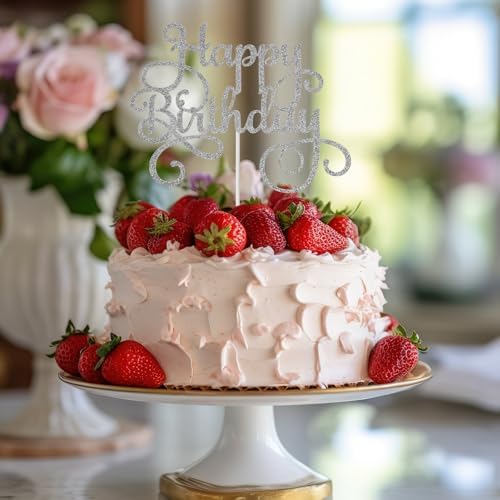 1 PCS Happy Birthday Cake Topper Double-Sided Glitter Birthday Party Cake Decorations Party Photo Booth Props Silver