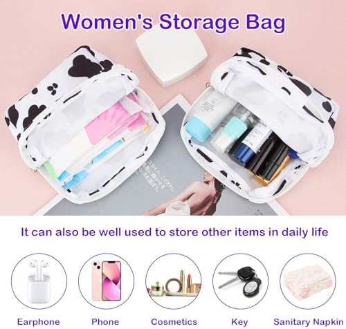 Sanitary Pad Storage Bag Portable Period Bag for Teen Pads/Sanitary Napkins/Small Tampons, Sanitary Napkin Storage Bag First Period Gifts for Teen Girls (Cow)