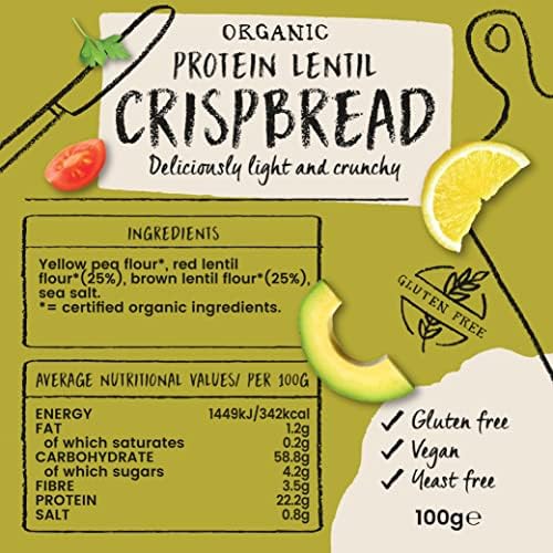 Correct Title: Amisa Organic Gluten-Free Protein Lentil Crispbread, 100g - Yeast Free & Low Carb - Plant-Based Protein - The Perfect Vegan Snack