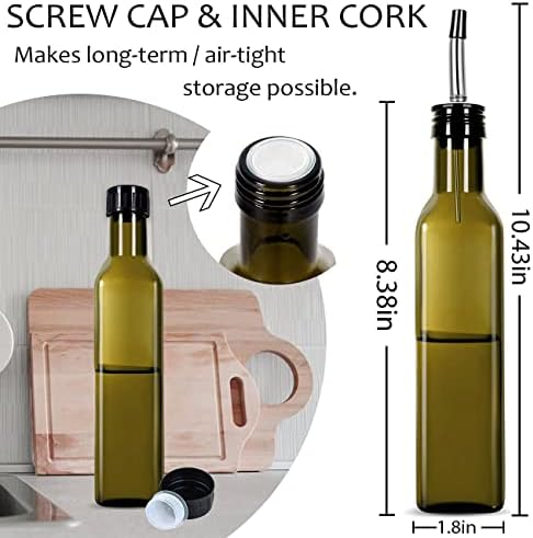 Gusnilo Glass Olive Oil Bottle - 250ml Second Generation Brown Oil & Vinegar Cruet with Pourers and Funnel - Olive Oil Carafe Decanter for Kitchen - (8.5 Oz Ounce)