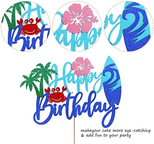 Rsstarxi 1 Pack Beach Happy Birthday Cake Topper Glitter Flower Crab Palm Leaf Surfboard Cake Pick for Beach Surfing Hawaii Luau Theme Baby Shower Kids Boys Girls Birthday Party Cake Decorations