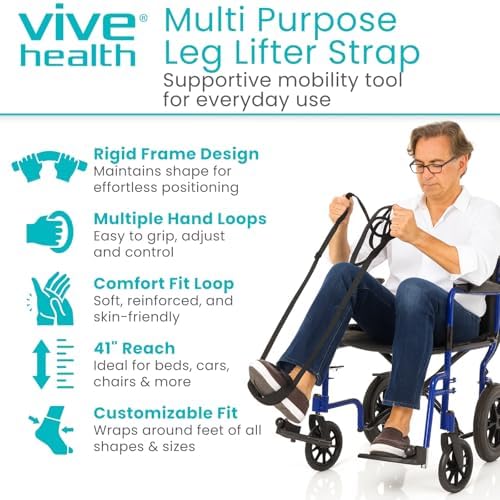 Vive Proflex Strap - Physical Therapy Leg Lifter Assist with Nylon Webbing for Recovery, Stretching - Loop with Hand Grips - Lift Foot, Calf - Rigid for Elderly, Handicapped, Injury, Car and Bed